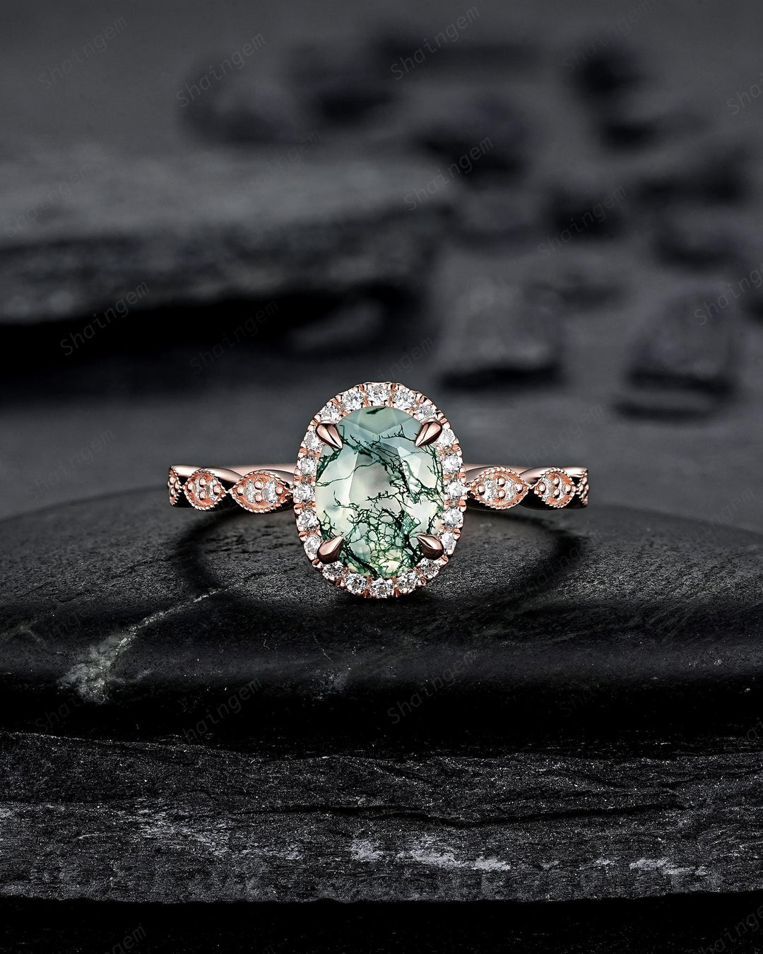 3PCS Oval Cut Moss Agate Bridal Set, Ring Guard Spacer Engagement Ring Set, Soldered Band Halo Wedding Ring Rose Gold Promise Ring - ShainJewelry