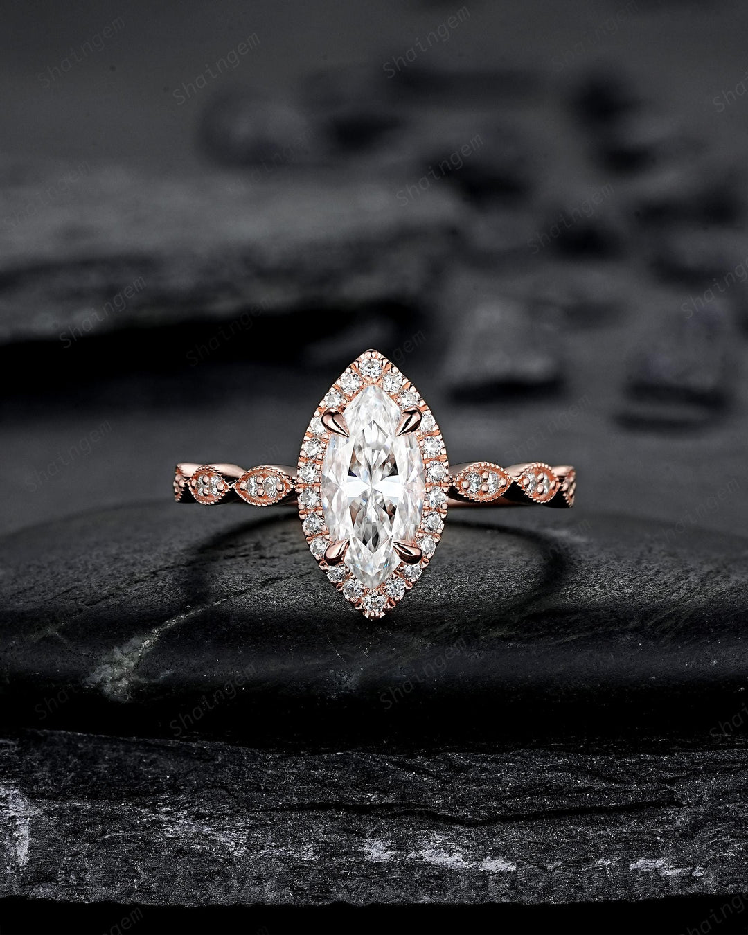 3PCS Marquise Cut Moissanite Bridal Set, V Shape Ring Guard Spacer Engagement Ring Curved Soldered Band Halo Rose Gold Wedding Promise Ring - ShainJewelry