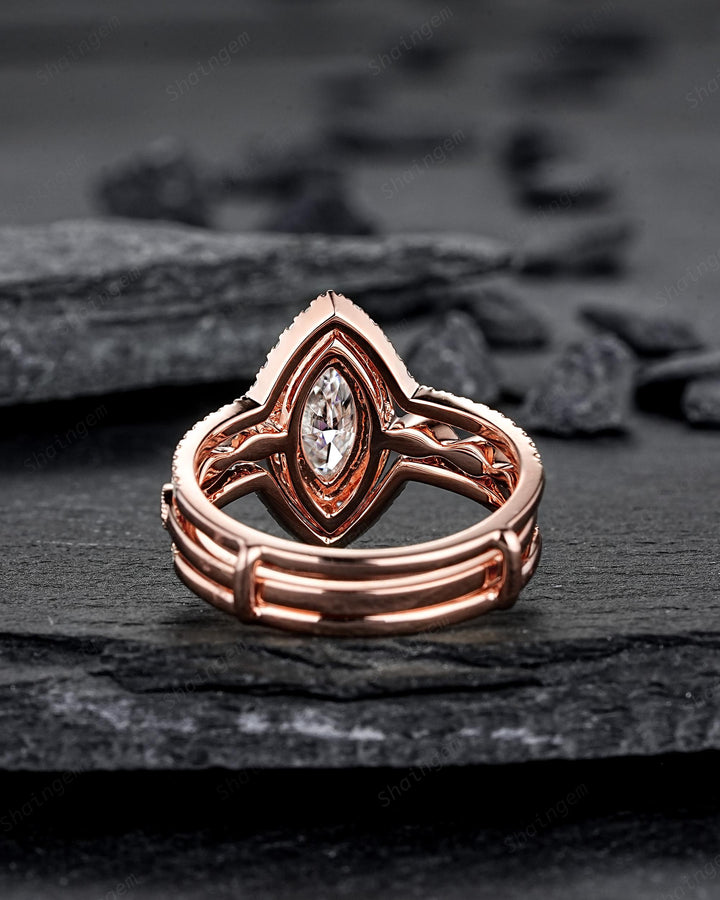 3PCS Marquise Cut Moissanite Bridal Set, V Shape Ring Guard Spacer Engagement Ring Curved Soldered Band Halo Rose Gold Wedding Promise Ring - ShainJewelry