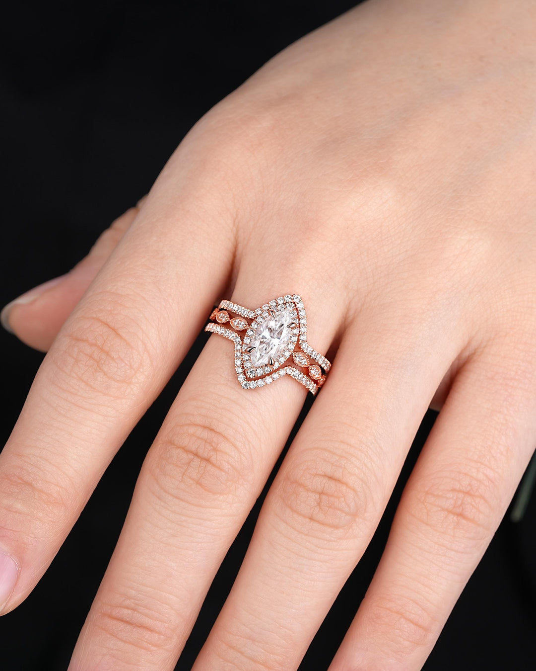 3PCS Marquise Cut Moissanite Bridal Set, V Shape Ring Guard Spacer Engagement Ring Curved Soldered Band Halo Rose Gold Wedding Promise Ring - ShainJewelry