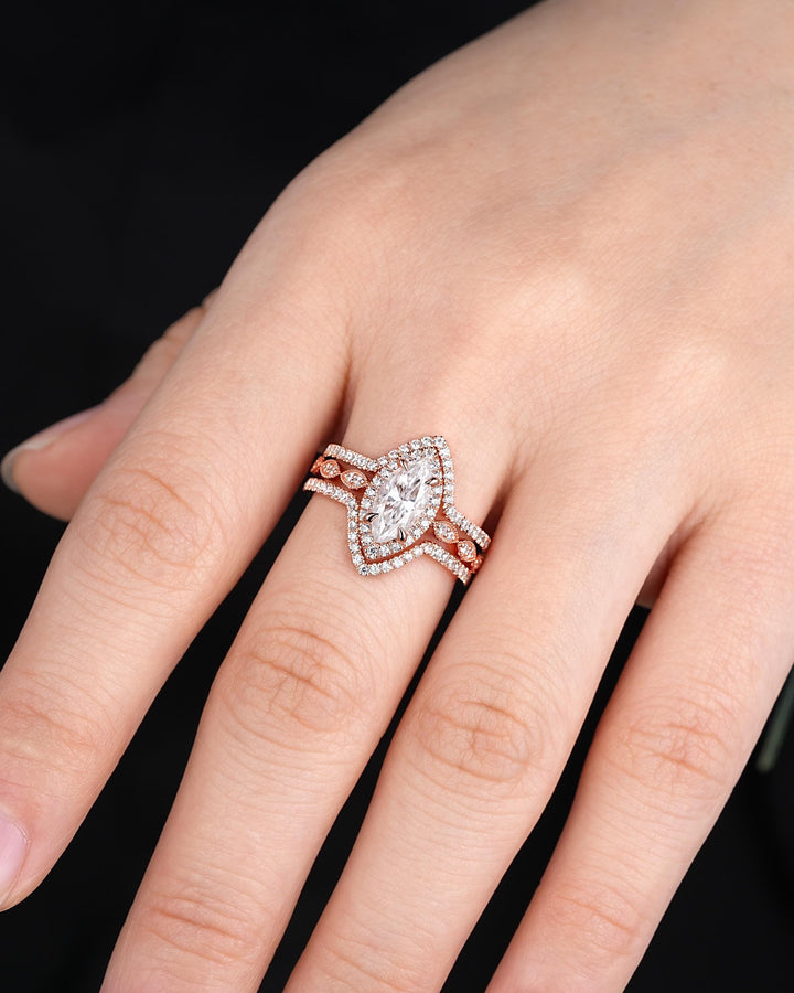 3PCS Marquise Cut Moissanite Bridal Set, V Shape Ring Guard Spacer Engagement Ring Curved Soldered Band Halo Rose Gold Wedding Promise Ring - ShainJewelry