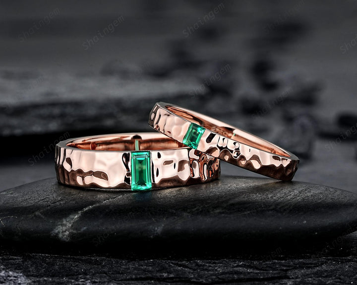 Hammered Full Eternity His and Hers Baguette Emerald Solitaire Couple Ring Set, Rose Gold Wedding Matching Band, Promise Ring Men Women Band - ShainJewelry