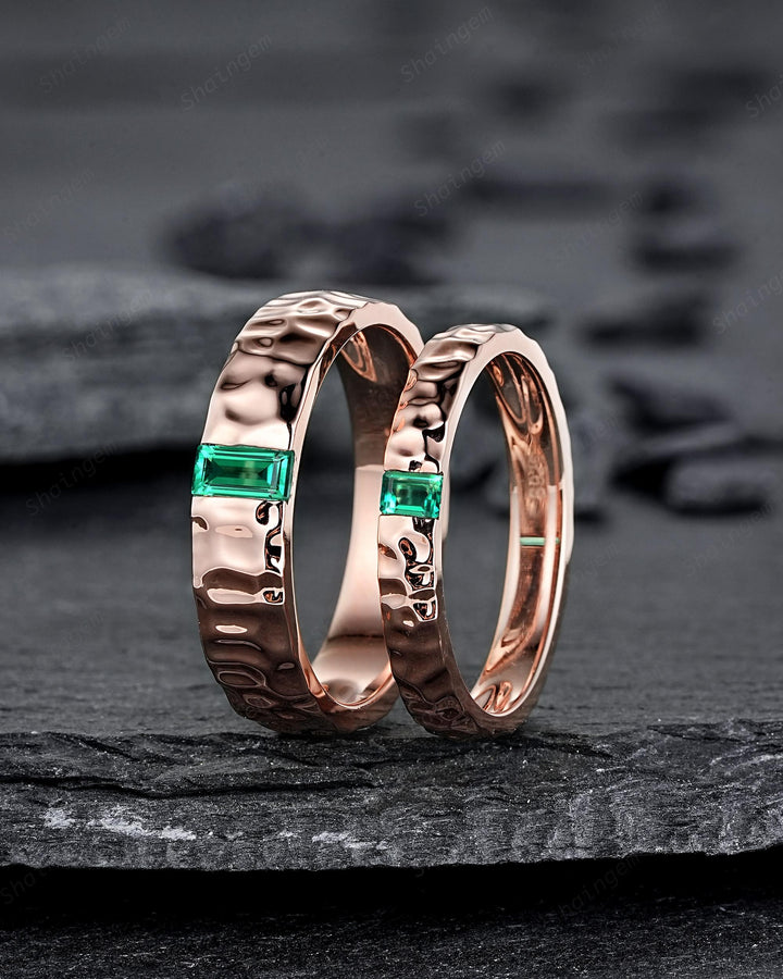Hammered Full Eternity His and Hers Baguette Emerald Solitaire Couple Ring Set, Rose Gold Wedding Matching Band, Promise Ring Men Women Band - ShainJewelry