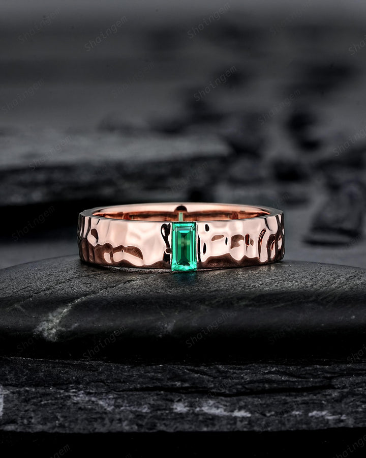Hammered Full Eternity His and Hers Baguette Emerald Solitaire Couple Ring Set, Rose Gold Wedding Matching Band, Promise Ring Men Women Band - ShainJewelry