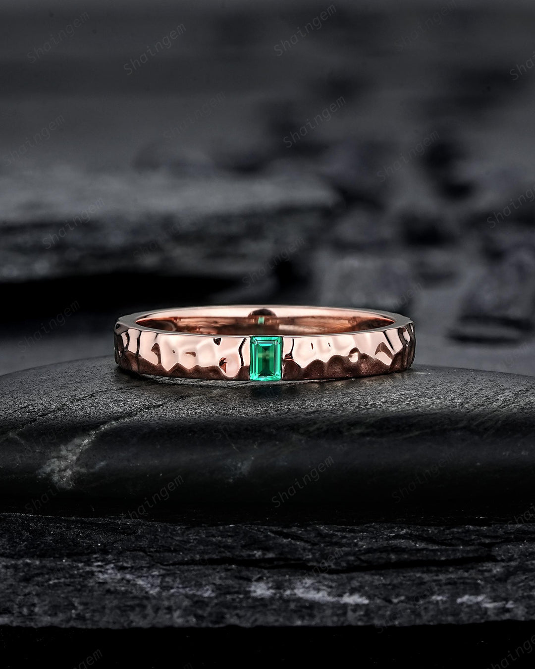 Hammered Full Eternity His and Hers Baguette Emerald Solitaire Couple Ring Set, Rose Gold Wedding Matching Band, Promise Ring Men Women Band - ShainJewelry