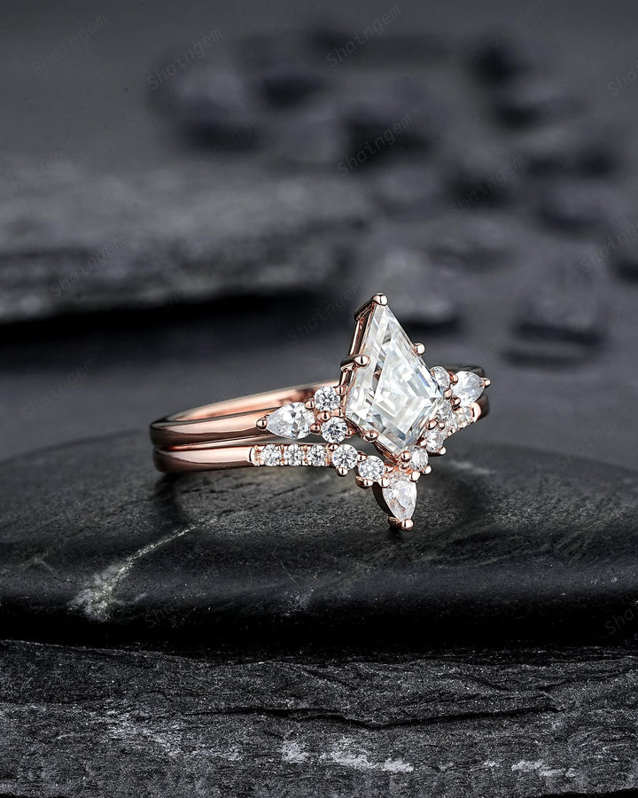 Vintage Kite Cut Moissanite Engagement Ring, Unique V Shape Pear Moissanite Wedding Set, Art Deco Rose Gold Promise Ring for Women Mom her - ShainJewelry