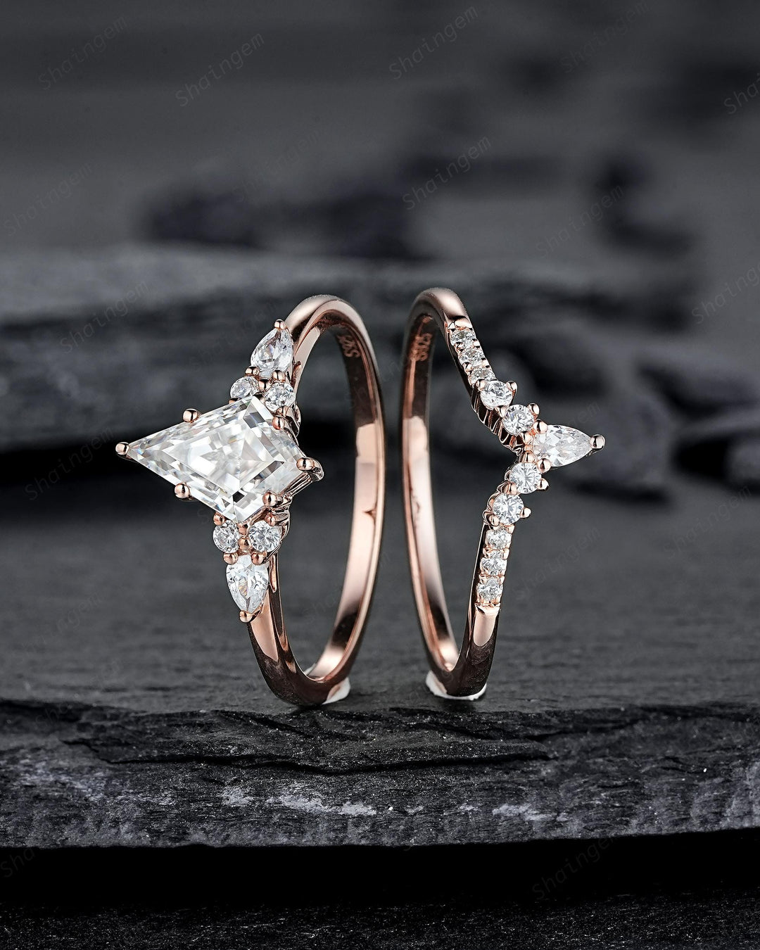 Vintage Kite Cut Moissanite Engagement Ring, Unique V Shape Pear Moissanite Wedding Set, Art Deco Rose Gold Promise Ring for Women Mom her - ShainJewelry