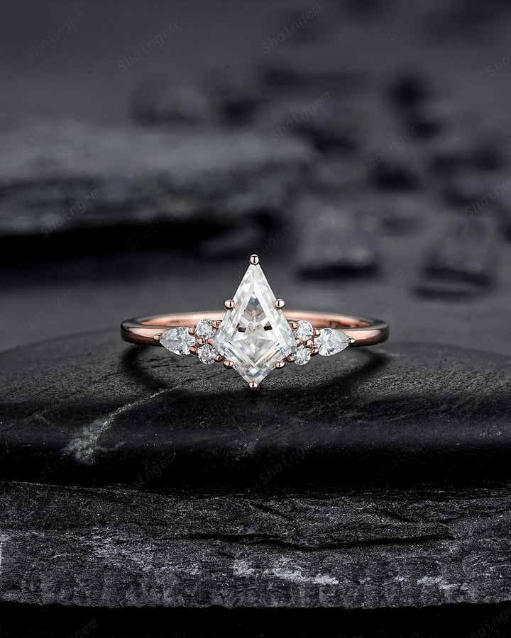 Vintage Kite Cut Moissanite Engagement Ring, Unique V Shape Pear Moissanite Wedding Set, Art Deco Rose Gold Promise Ring for Women Mom her - ShainJewelry