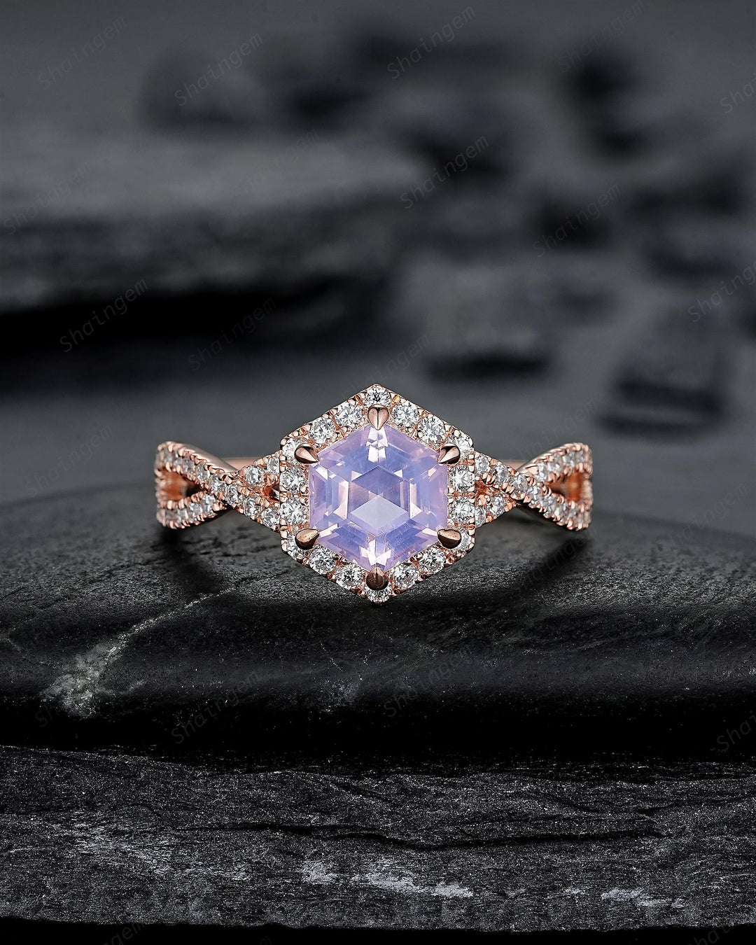 Vintage Hexagon Cut Lavender Purple Amethyst Halo Engagement Ring, Rose Gold Cross Band Half Eternity Promise Ring, Wedding Ring For Women - ShainJewelry