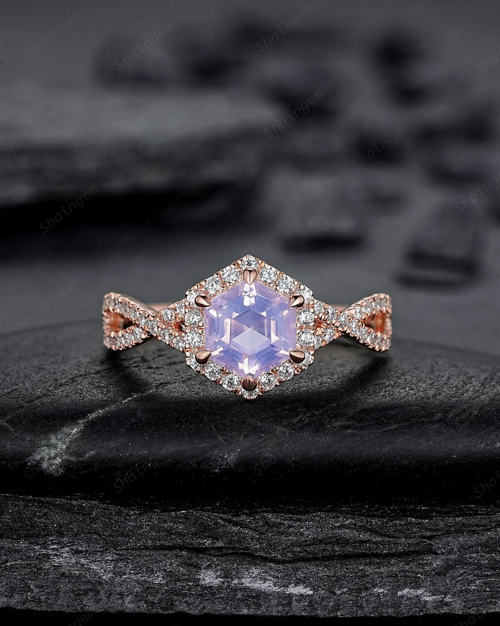Vintage Hexagon Cut Lavender Purple Amethyst Halo Engagement Ring, Rose Gold Cross Band Half Eternity Promise Ring, Wedding Ring For Women - ShainJewelry
