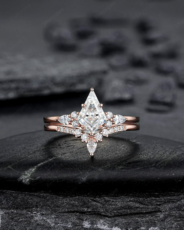 Vintage Kite Cut Moissanite Engagement Ring, Unique V Shape Pear Moissanite Wedding Set, Art Deco Rose Gold Promise Ring for Women Mom her - ShainJewelry