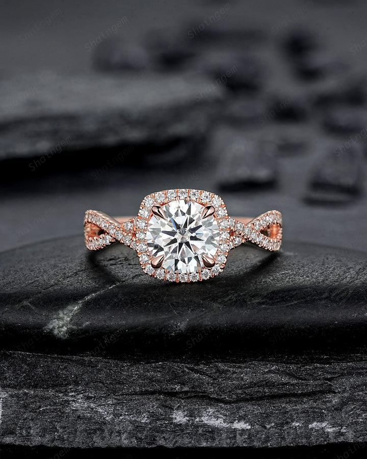 Vintage Round Cut Moissanite Halo Engagement Ring, Rose Gold Cross Band Half Eternity Cushion Shape Promise Ring, Infinite Wedding Ring Mom - ShainJewelry