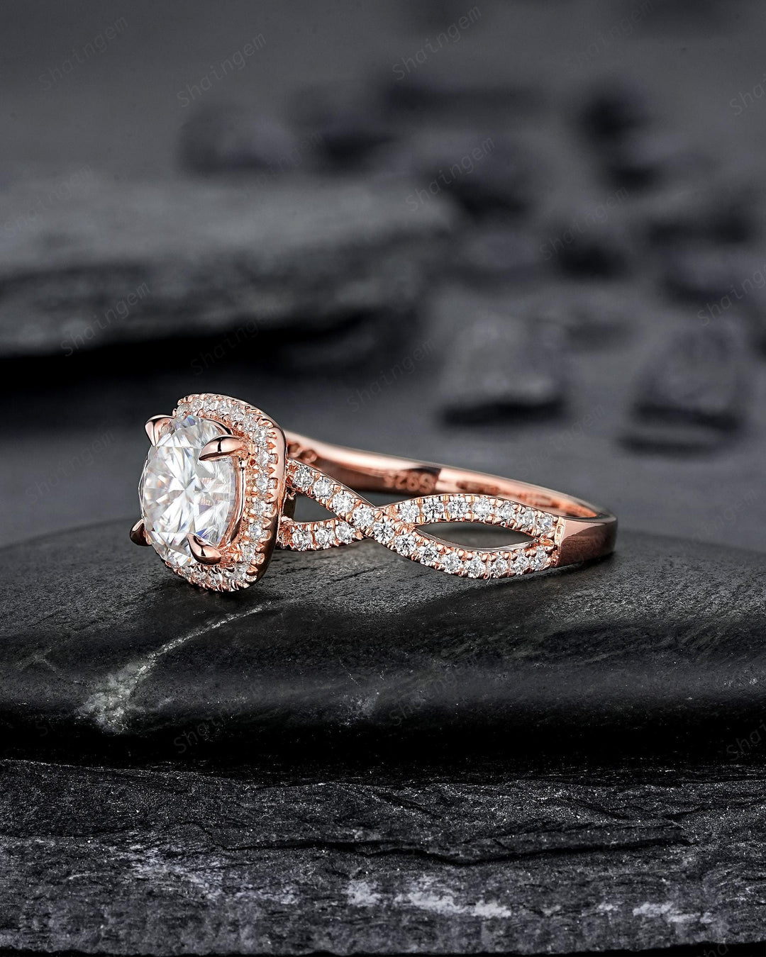 Vintage Round Cut Moissanite Halo Engagement Ring, Rose Gold Cross Band Half Eternity Cushion Shape Promise Ring, Infinite Wedding Ring Mom - ShainJewelry