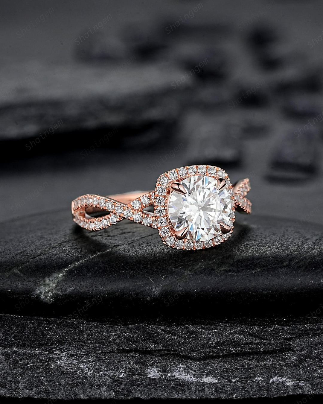 Vintage Round Cut Moissanite Halo Engagement Ring, Rose Gold Cross Band Half Eternity Cushion Shape Promise Ring, Infinite Wedding Ring Mom - ShainJewelry