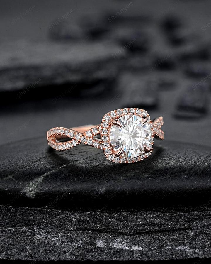 Vintage Round Cut Moissanite Halo Engagement Ring, Rose Gold Cross Band Half Eternity Cushion Shape Promise Ring, Infinite Wedding Ring Mom - ShainJewelry
