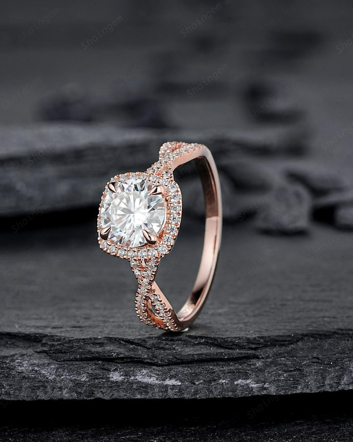 Vintage Round Cut Moissanite Halo Engagement Ring, Rose Gold Cross Band Half Eternity Cushion Shape Promise Ring, Infinite Wedding Ring Mom - ShainJewelry
