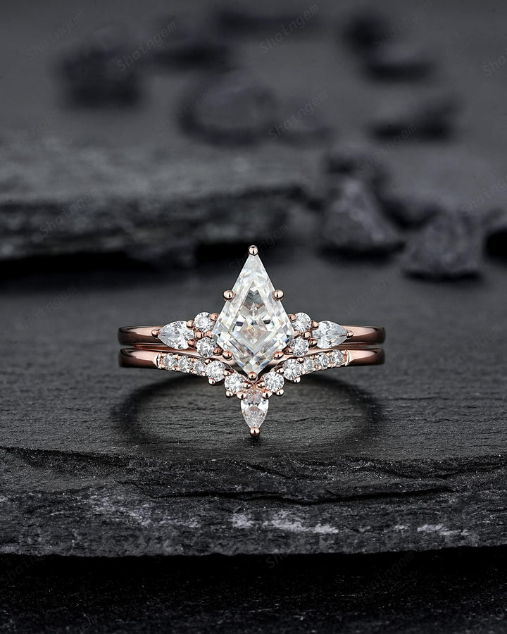 Vintage Kite Cut Moissanite Engagement Ring, Unique V Shape Pear Moissanite Wedding Set, Art Deco Rose Gold Promise Ring for Women Mom her - ShainJewelry