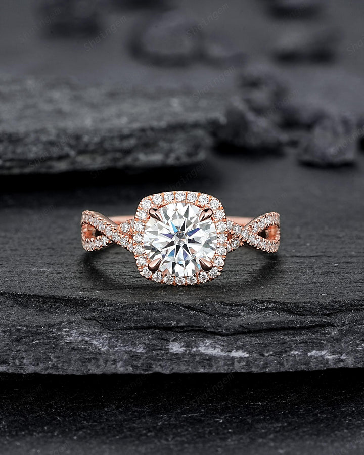 Vintage Round Cut Moissanite Halo Engagement Ring, Rose Gold Cross Band Half Eternity Cushion Shape Promise Ring, Infinite Wedding Ring Mom - ShainJewelry