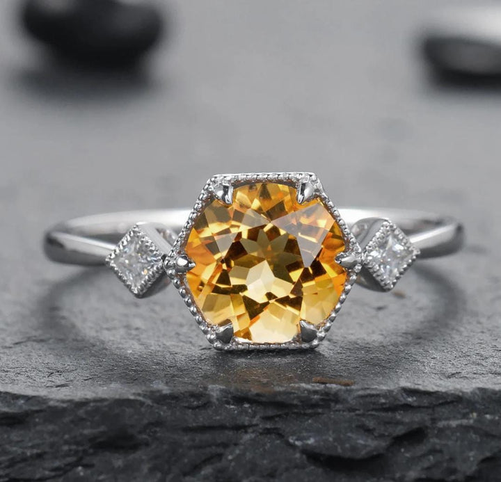 Vintage 2 Carat Natural Citrine and Moissanite Engagement Ring Unique 14K Yellow Gold Round Cut Citrine Promise Wedding Ring Gift for Women - ShainJewelry