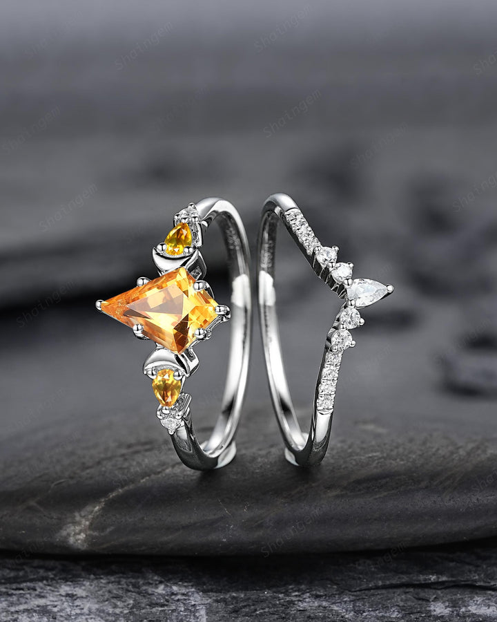 Platinum Kite Cut Yellow Citrine Crescent Engagement Ring Set, Nature Inspired Sterling Silver Moon Wedding Promise Ring Anniversary Gift - ShainJewelry