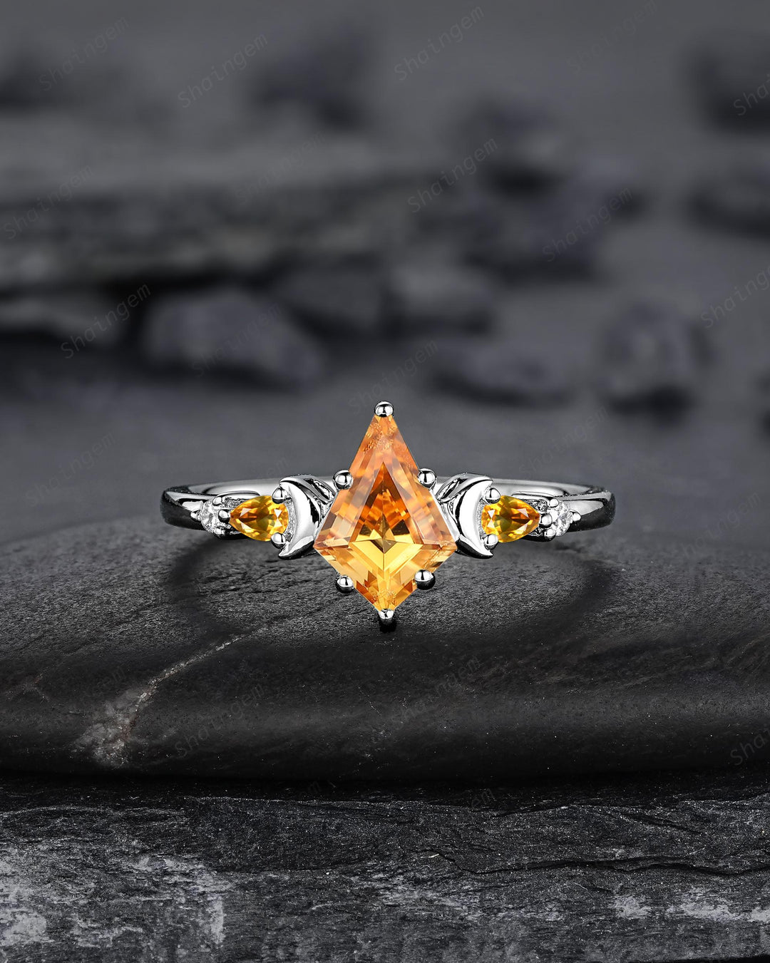 Platinum Kite Cut Yellow Citrine Crescent Engagement Ring Set, Nature Inspired Sterling Silver Moon Wedding Promise Ring Anniversary Gift - ShainJewelry