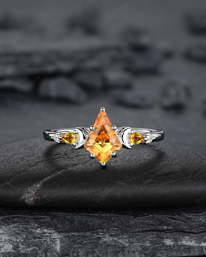 Platinum Kite Cut Yellow Citrine Crescent Engagement Ring Set, Nature Inspired Sterling Silver Moon Wedding Promise Ring Anniversary Gift - ShainJewelry