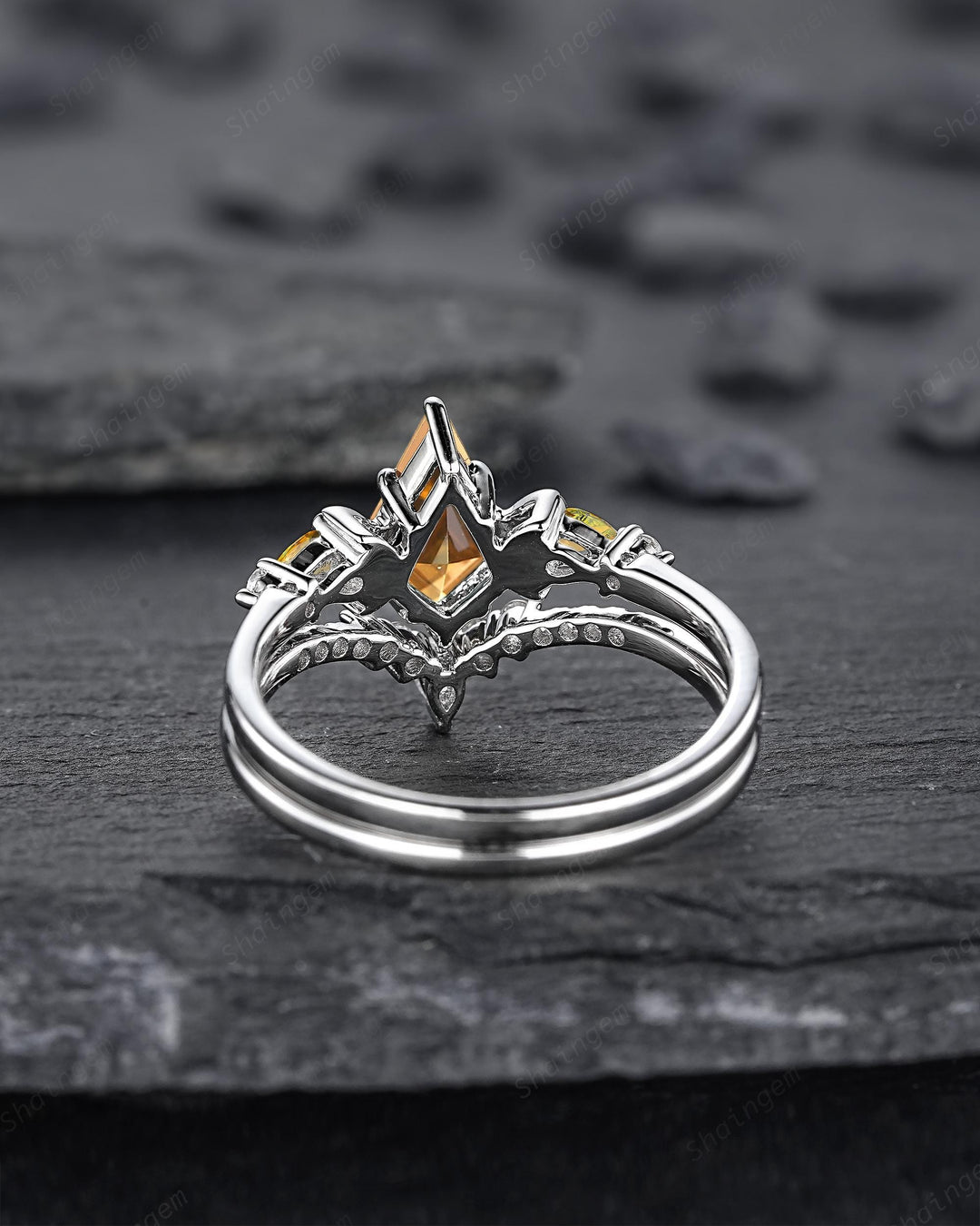 Platinum Kite Cut Yellow Citrine Crescent Engagement Ring Set, Nature Inspired Sterling Silver Moon Wedding Promise Ring Anniversary Gift - ShainJewelry