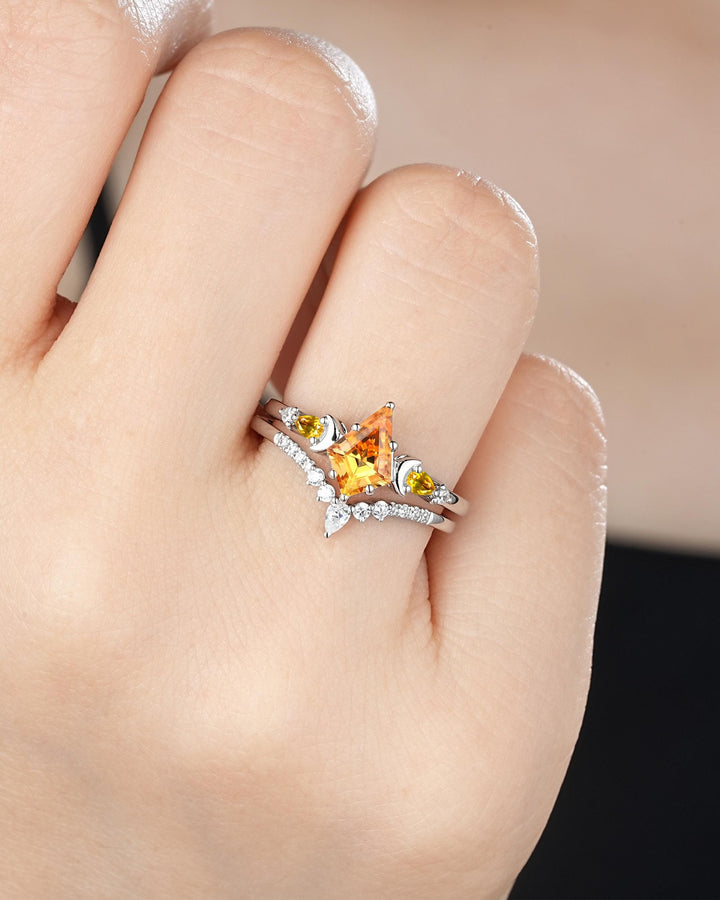 Platinum Kite Cut Yellow Citrine Crescent Engagement Ring Set, Nature Inspired Sterling Silver Moon Wedding Promise Ring Anniversary Gift - ShainJewelry