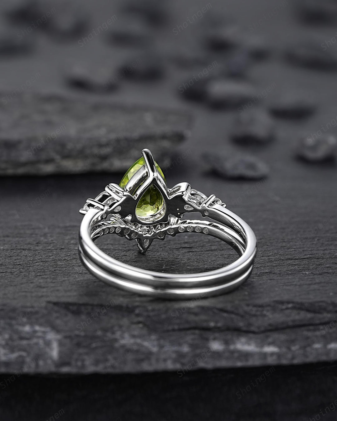 Vintage Pear Shape Peridot Crescent Engagement Ring Set, Unique White Gold Wedding Ring Bridal Set, August Birthstone Promise Ring for Women - ShainJewelry