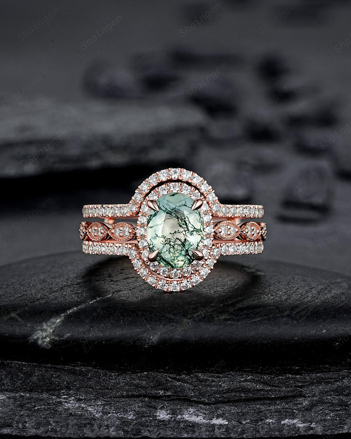 3PCS Oval Cut Moss Agate Bridal Set, Ring Guard Spacer Engagement Ring Set, Soldered Band Halo Wedding Ring Rose Gold Promise Ring - ShainJewelry