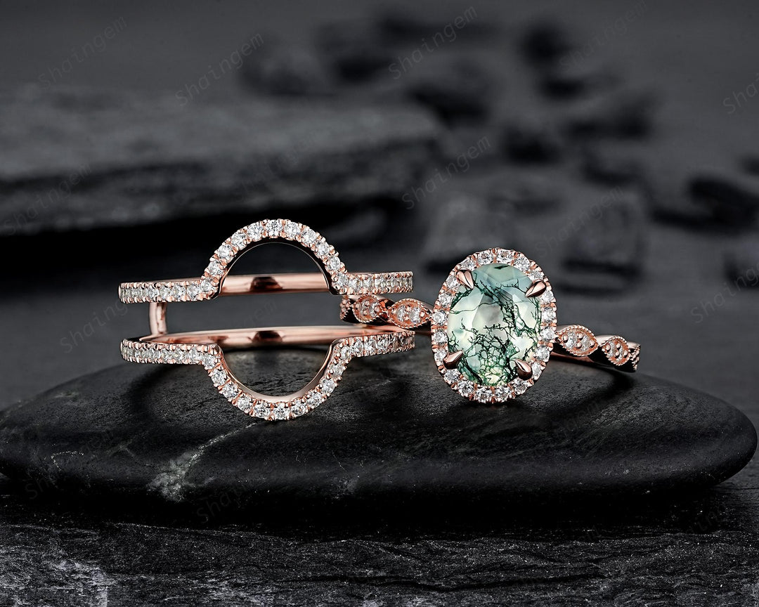 3PCS Oval Cut Moss Agate Bridal Set, Ring Guard Spacer Engagement Ring Set, Soldered Band Halo Wedding Ring Rose Gold Promise Ring - ShainJewelry