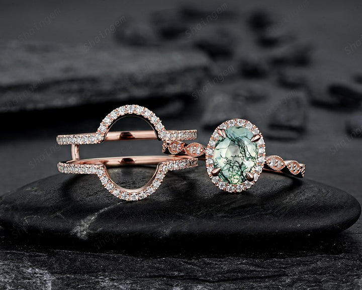 3PCS Oval Cut Moss Agate Bridal Set, Ring Guard Spacer Engagement Ring Set, Soldered Band Halo Wedding Ring Rose Gold Promise Ring - ShainJewelry