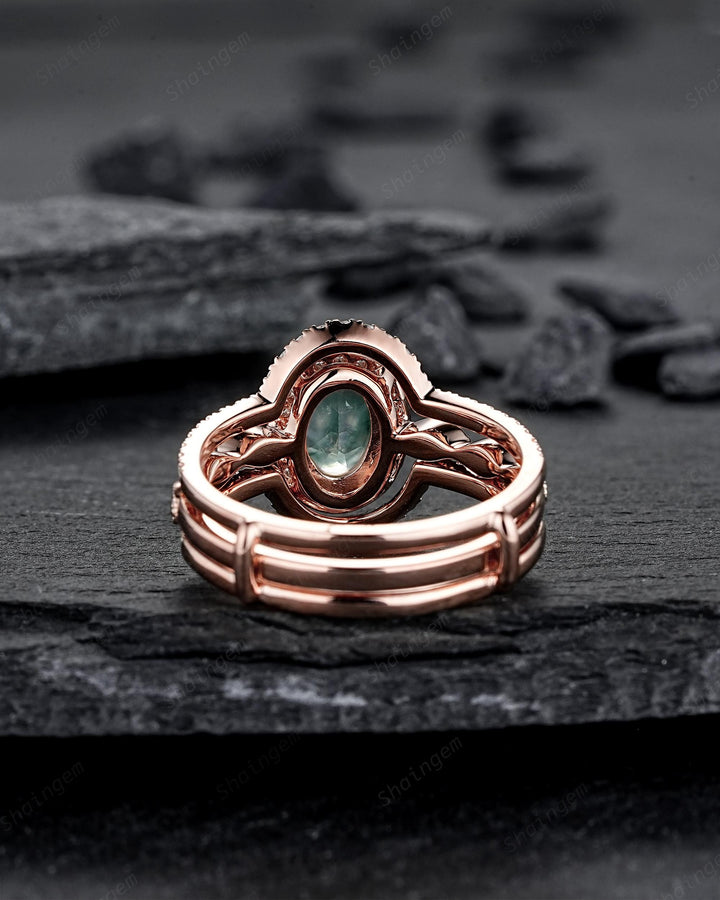 3PCS Oval Cut Moss Agate Bridal Set, Ring Guard Spacer Engagement Ring Set, Soldered Band Halo Wedding Ring Rose Gold Promise Ring - ShainJewelry
