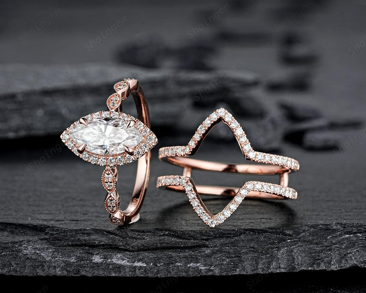 3PCS Marquise Cut Moissanite Bridal Set, V Shape Ring Guard Spacer Engagement Ring Curved Soldered Band Halo Rose Gold Wedding Promise Ring - ShainJewelry