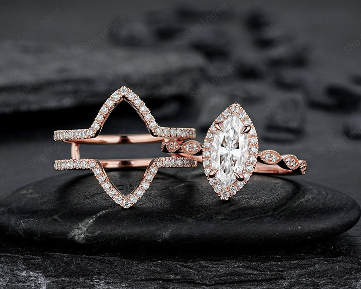 3PCS Marquise Cut Moissanite Bridal Set, V Shape Ring Guard Spacer Engagement Ring Curved Soldered Band Halo Rose Gold Wedding Promise Ring - ShainJewelry
