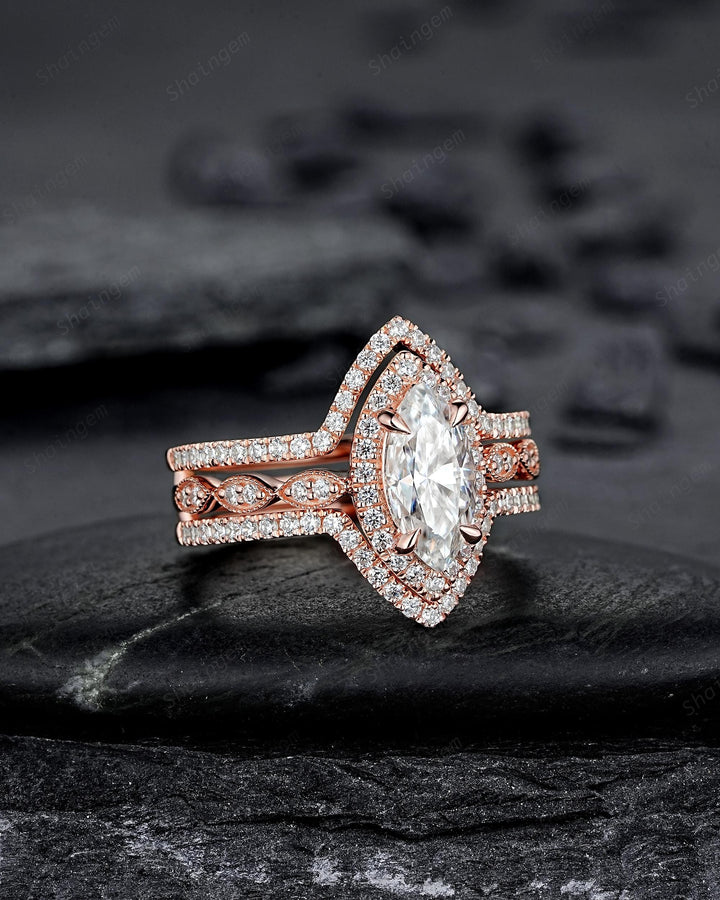 3PCS Marquise Cut Moissanite Bridal Set, V Shape Ring Guard Spacer Engagement Ring Curved Soldered Band Halo Rose Gold Wedding Promise Ring - ShainJewelry