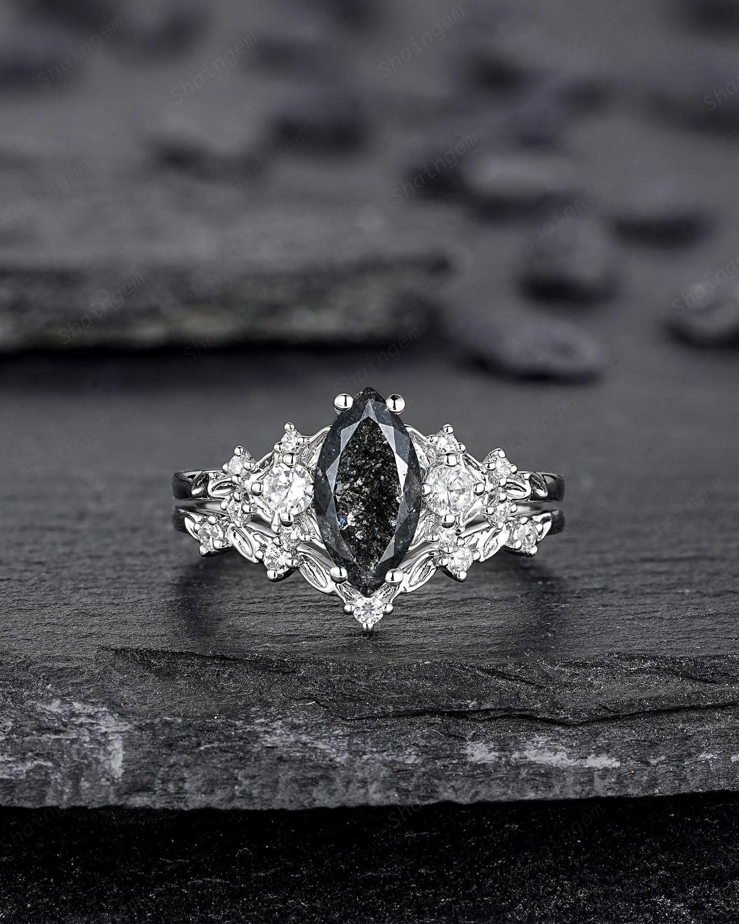 Unique Marquise Cut Salt and Pepper Diamond Engagement Ring, Vintage Leaf Wedding Ring Nature Inspired White Gold Platinum Promise Ring Gift - ShainJewelry