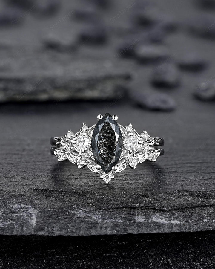 Unique Marquise Cut Salt and Pepper Diamond Engagement Ring, Vintage Leaf Wedding Ring Nature Inspired White Gold Platinum Promise Ring Gift - ShainJewelry
