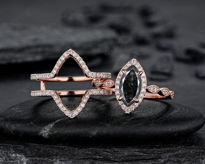 3PCS Marquise Cut Salt and Pepper Diamond Promise Ring, Ring Guard Spacer Engagement Ring Curved Soldered Band Halo Rose Gold Wedding Ring - ShainJewelry