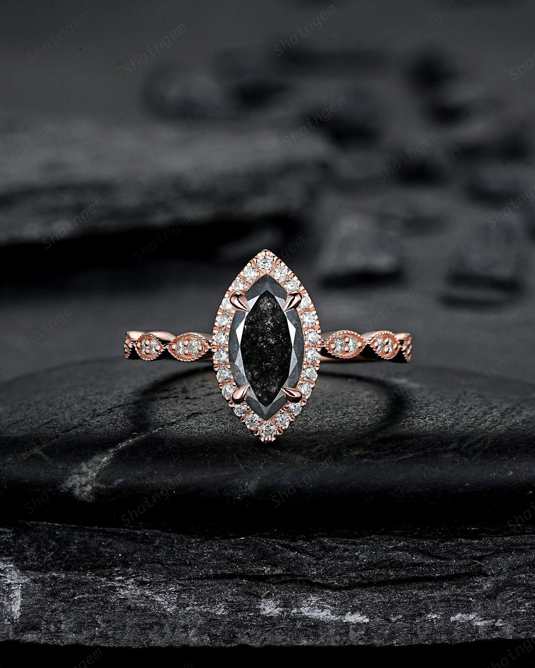 3PCS Marquise Cut Salt and Pepper Diamond Promise Ring, Ring Guard Spacer Engagement Ring Curved Soldered Band Halo Rose Gold Wedding Ring - ShainJewelry