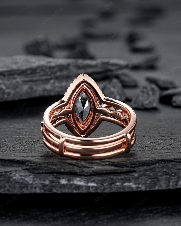 3PCS Marquise Cut Salt and Pepper Diamond Promise Ring, Ring Guard Spacer Engagement Ring Curved Soldered Band Halo Rose Gold Wedding Ring - ShainJewelry