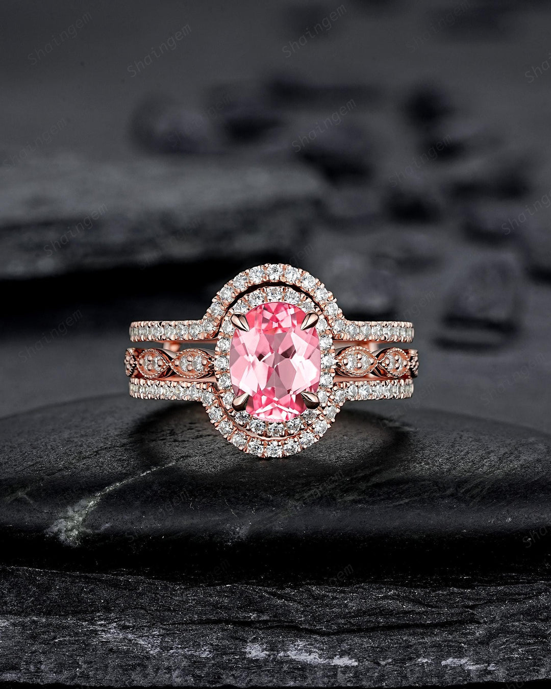 3PCS Oval Cut Pink Sapphire Bridal Set, Ring Guard Spacer Engagement Ring Set, Soldered Band Halo Wedding Ring Rose Gold Promise Ring Women - ShainJewelry