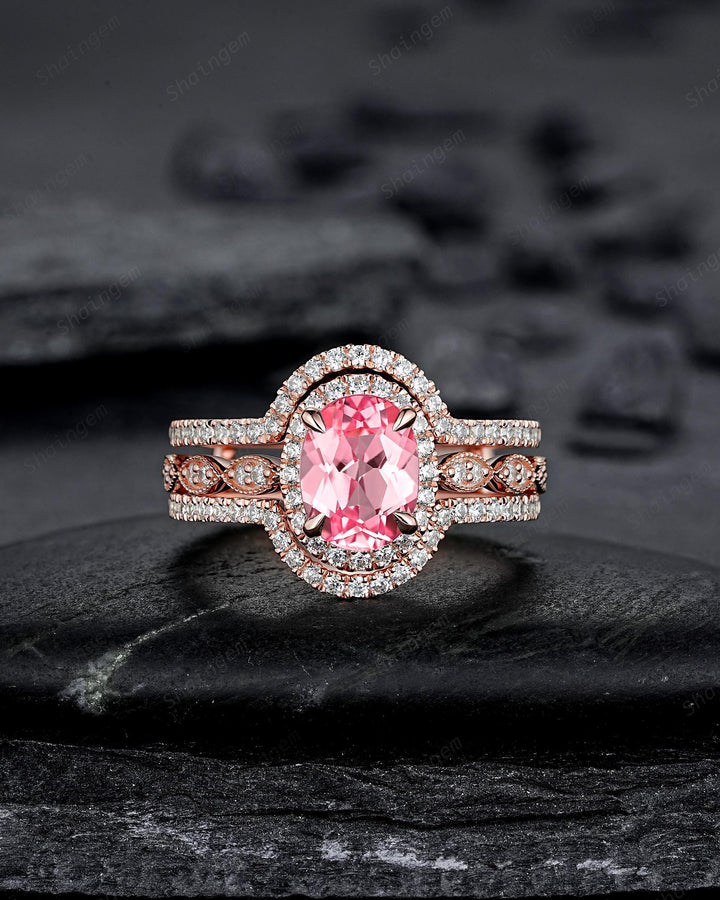 3PCS Oval Cut Pink Sapphire Bridal Set, Ring Guard Spacer Engagement Ring Set, Soldered Band Halo Wedding Ring Rose Gold Promise Ring Women - ShainJewelry