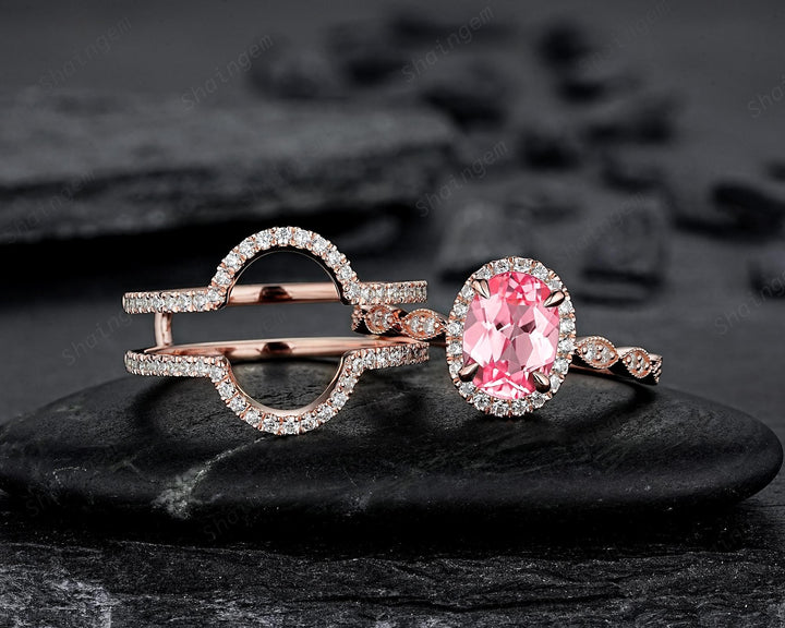 3PCS Oval Cut Pink Sapphire Bridal Set, Ring Guard Spacer Engagement Ring Set, Soldered Band Halo Wedding Ring Rose Gold Promise Ring Women - ShainJewelry