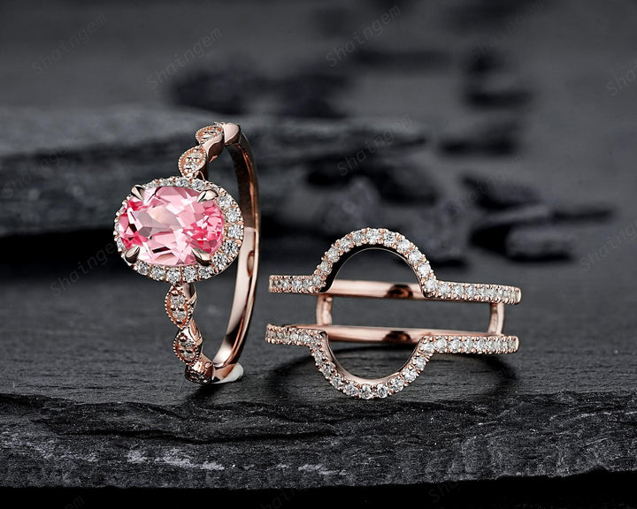 3PCS Oval Cut Pink Sapphire Bridal Set, Ring Guard Spacer Engagement Ring Set, Soldered Band Halo Wedding Ring Rose Gold Promise Ring Women - ShainJewelry