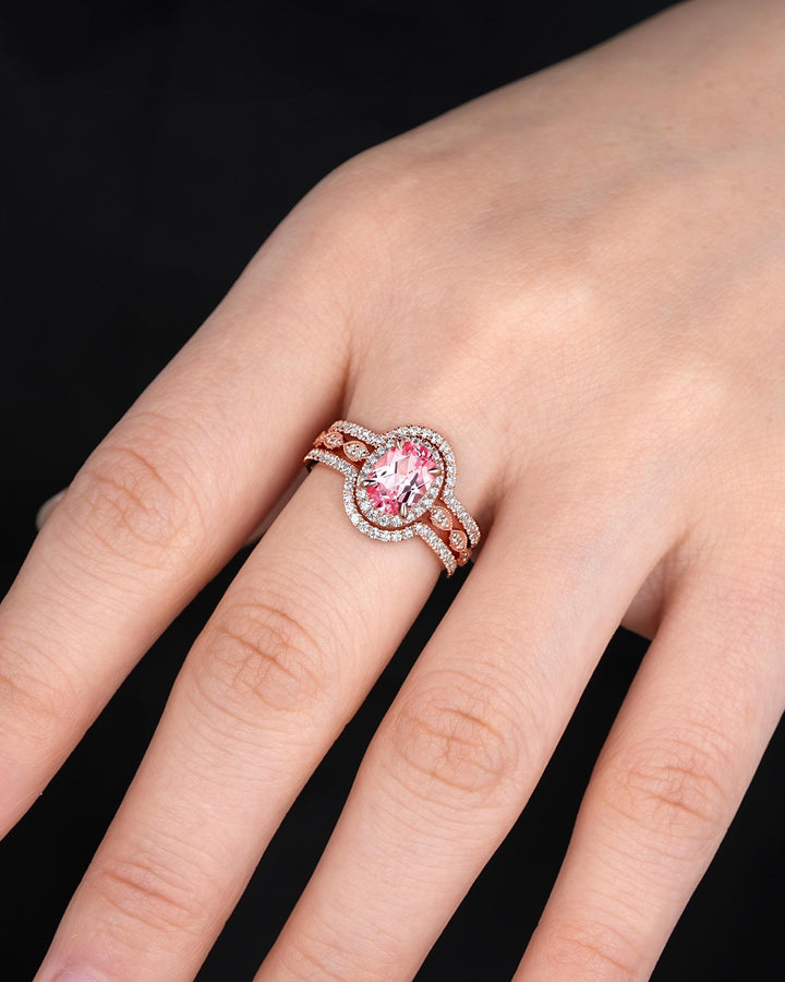 3PCS Oval Cut Pink Sapphire Bridal Set, Ring Guard Spacer Engagement Ring Set, Soldered Band Halo Wedding Ring Rose Gold Promise Ring Women - ShainJewelry