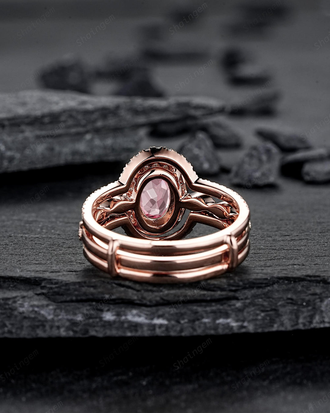 3PCS Oval Cut Pink Sapphire Bridal Set, Ring Guard Spacer Engagement Ring Set, Soldered Band Halo Wedding Ring Rose Gold Promise Ring Women - ShainJewelry