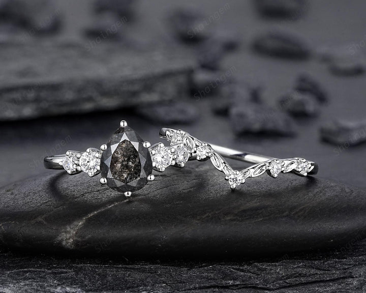 Platinum Pear Shape Natural Salt and Pepper Diamond Engagement Ring Set, White Gold Black Diamond Twig Leaf Five Stone Promise Ring Gift - ShainJewelry