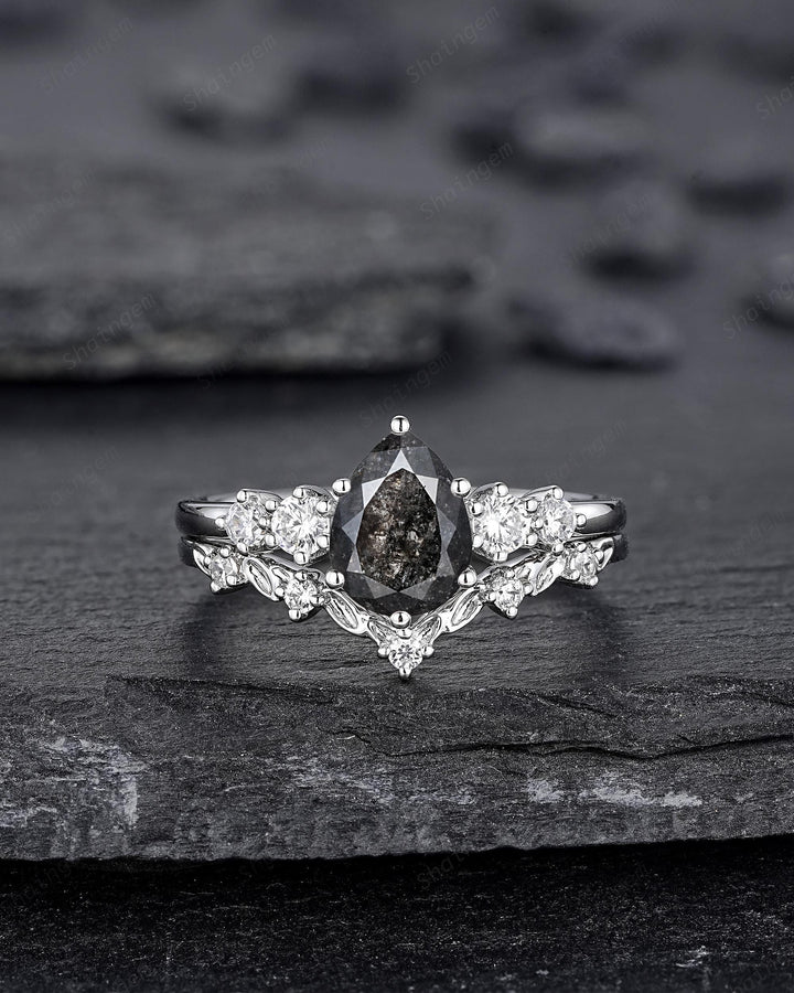 Platinum Pear Shape Natural Salt and Pepper Diamond Engagement Ring Set, White Gold Black Diamond Twig Leaf Five Stone Promise Ring Gift - ShainJewelry