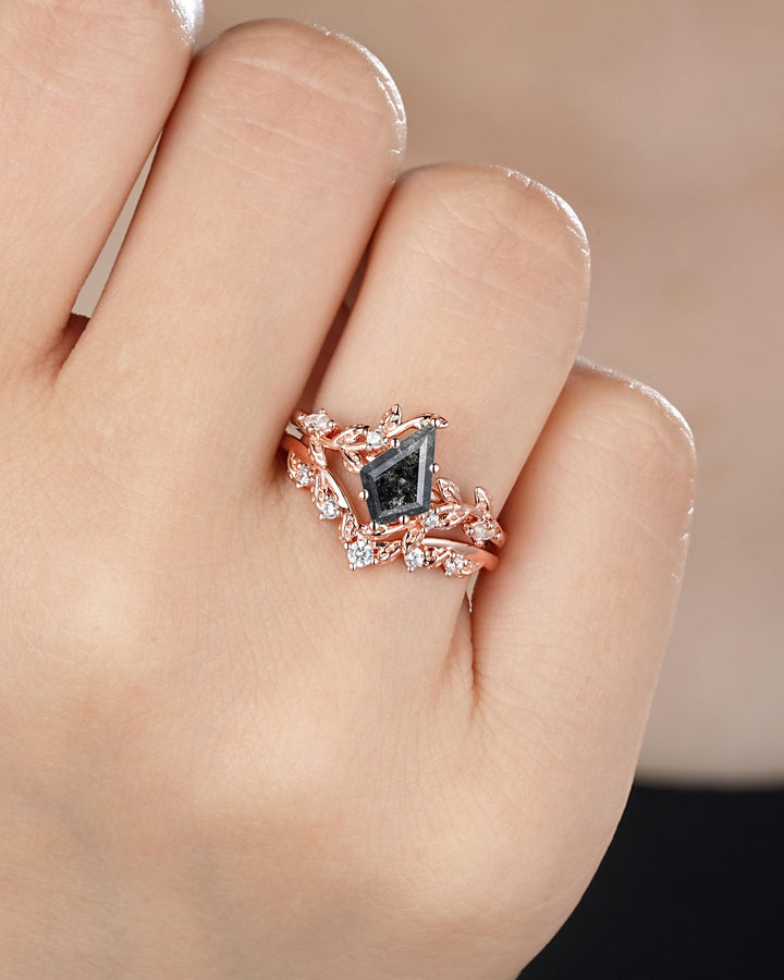Natural Salt and Pepper Diamond Vine Engagement Ring Set, Rose Gold Kite Cut Natural Black Diamond Twig Promise Ring, Leaf Anniversary Ring - ShainJewelry